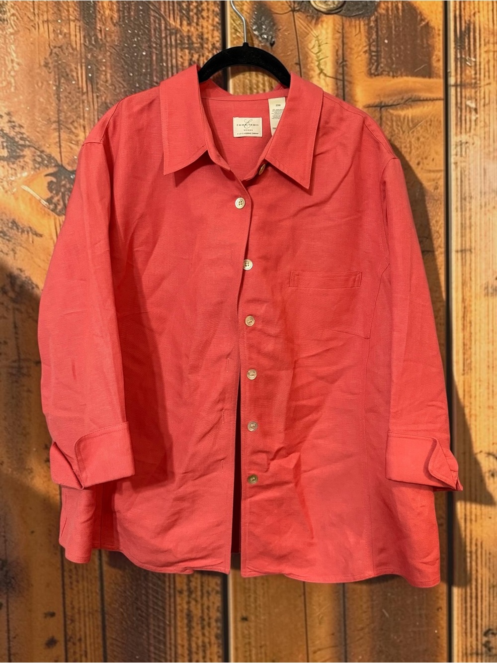 Emma James Coral Linen Blend Button Up Shirt Roll Tab Sleeve Sz 20W